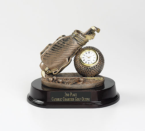 BRASS PLATED GOLF BAG W/CLOCK